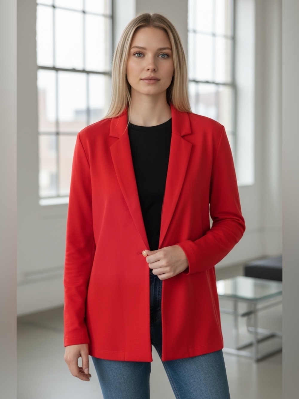 Dear Scarlett Red Single-Button Open-Front Executive Blazer